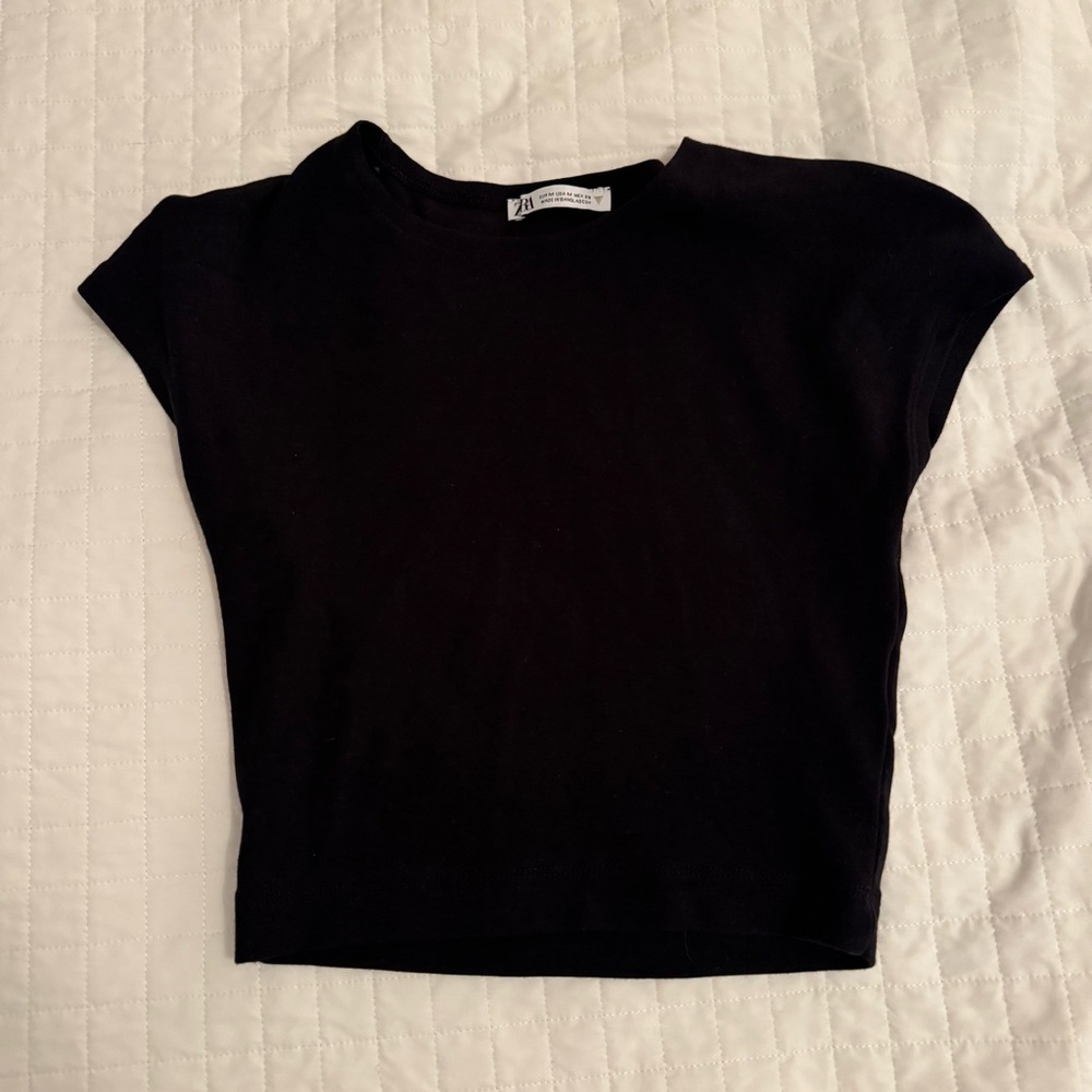 Zara Black Cropped Cotton Crewneck Tee